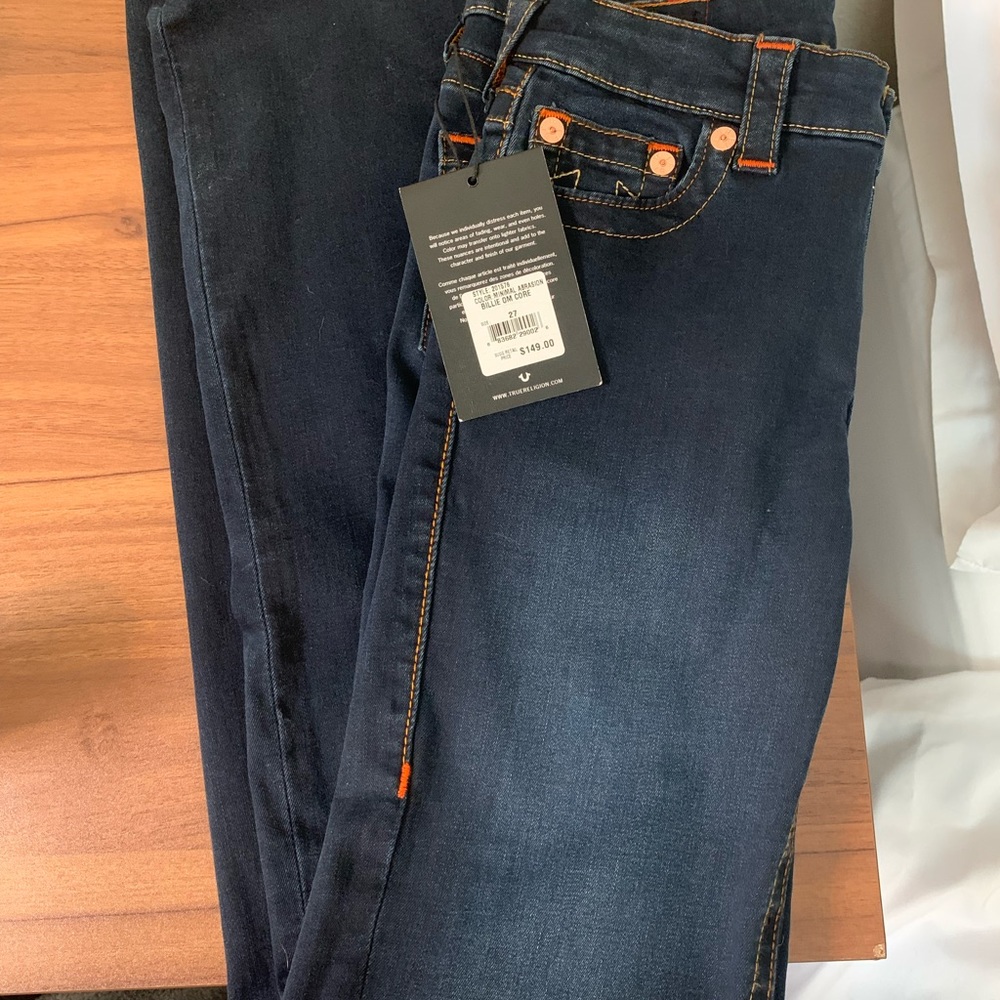 True Religion Billie Midrise Dark Wash Straight Leg Jeans 27 NWT